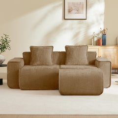 Streamlined Design Modular 2 Seat L Shape Sectional Boneless Sofa with French Edge Piping, No Assembly Required, 2-Seat Sofa Couch with Throw Pillows and 1 Movable Ottoman, Velvet Fabric Brown