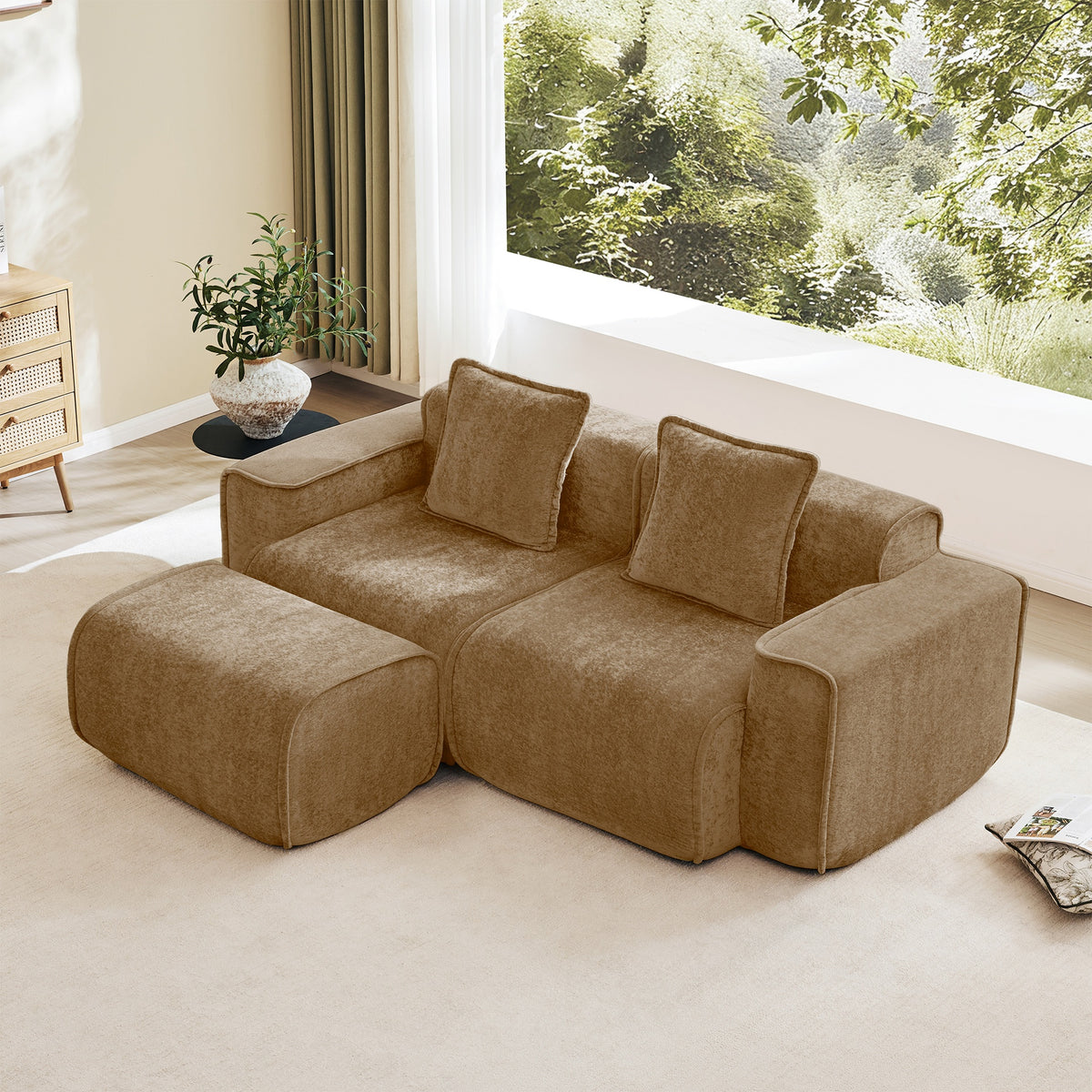Streamlined Design Modular 2 Seat L Shape Sectional Boneless Sofa with French Edge Piping, No Assembly Required, 2-Seat Sofa Couch with Throw Pillows and 1 Movable Ottoman, Velvet Fabric Brown