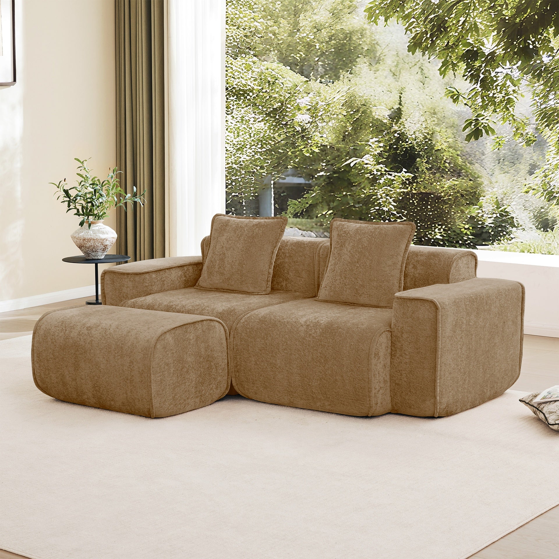 Streamlined Design Modular 2 Seat L Shape Sectional Boneless Sofa with French Edge Piping, No Assembly Required, 2-Seat Sofa Couch with Throw Pillows and 1 Movable Ottoman, Velvet Fabric Brown