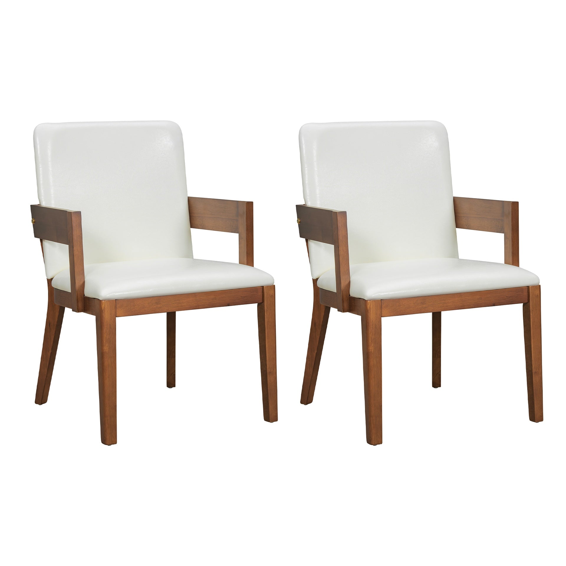 Modern Walnut Wood & White Glossy PU Leather Upholstered Dining Chairs Set of 2