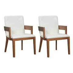 Modern Walnut Wood & White Glossy PU Leather Upholstered Dining Chairs Set of 2