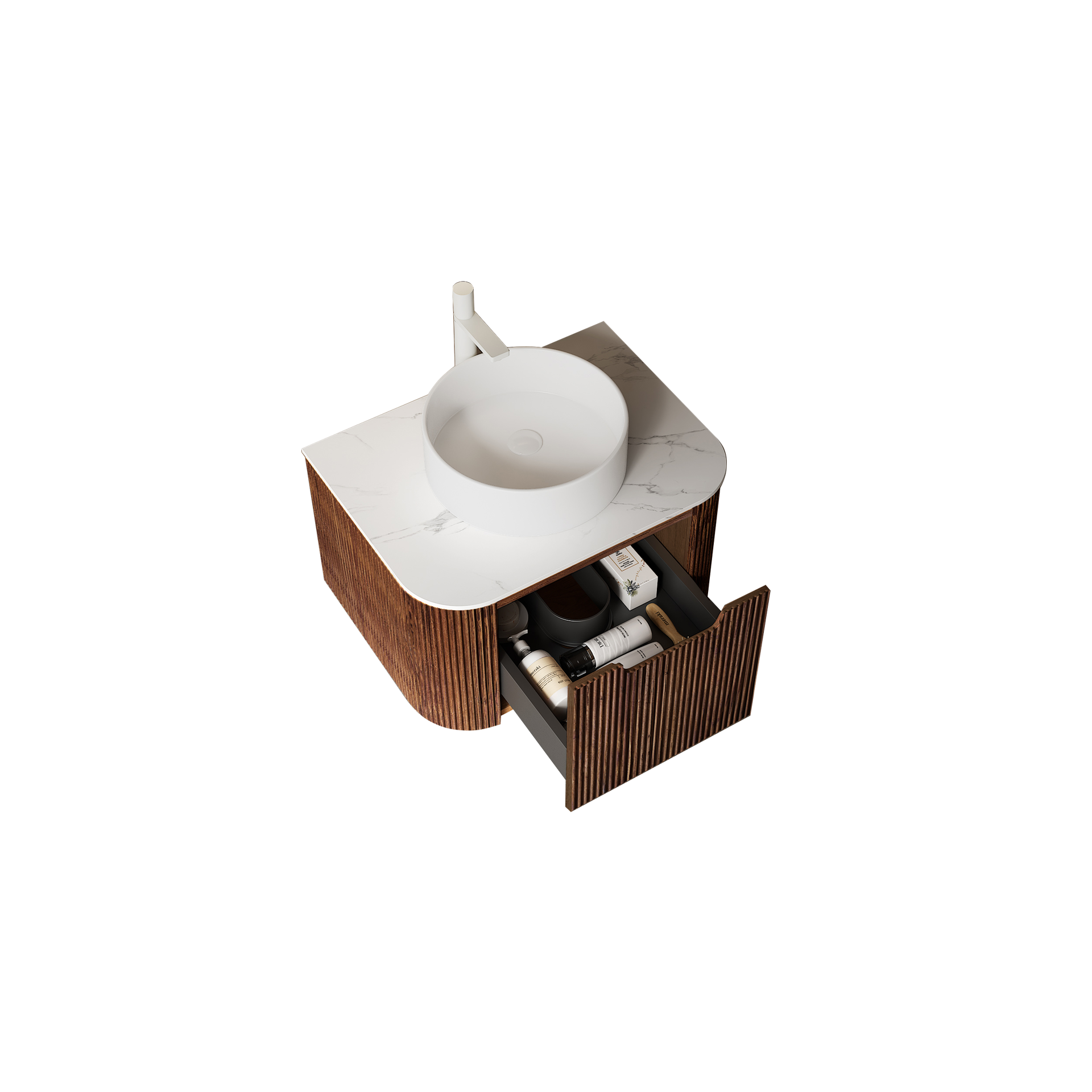 DINA 24" Bathroom Vanity with Sink, Wall-Mounted Floating Curved Edges Striped Bathroom Storage Cabinet with Drawer, White Ceramic Basin without Faucet, Pre-assembled, Dark Walnut Woodgrain Color