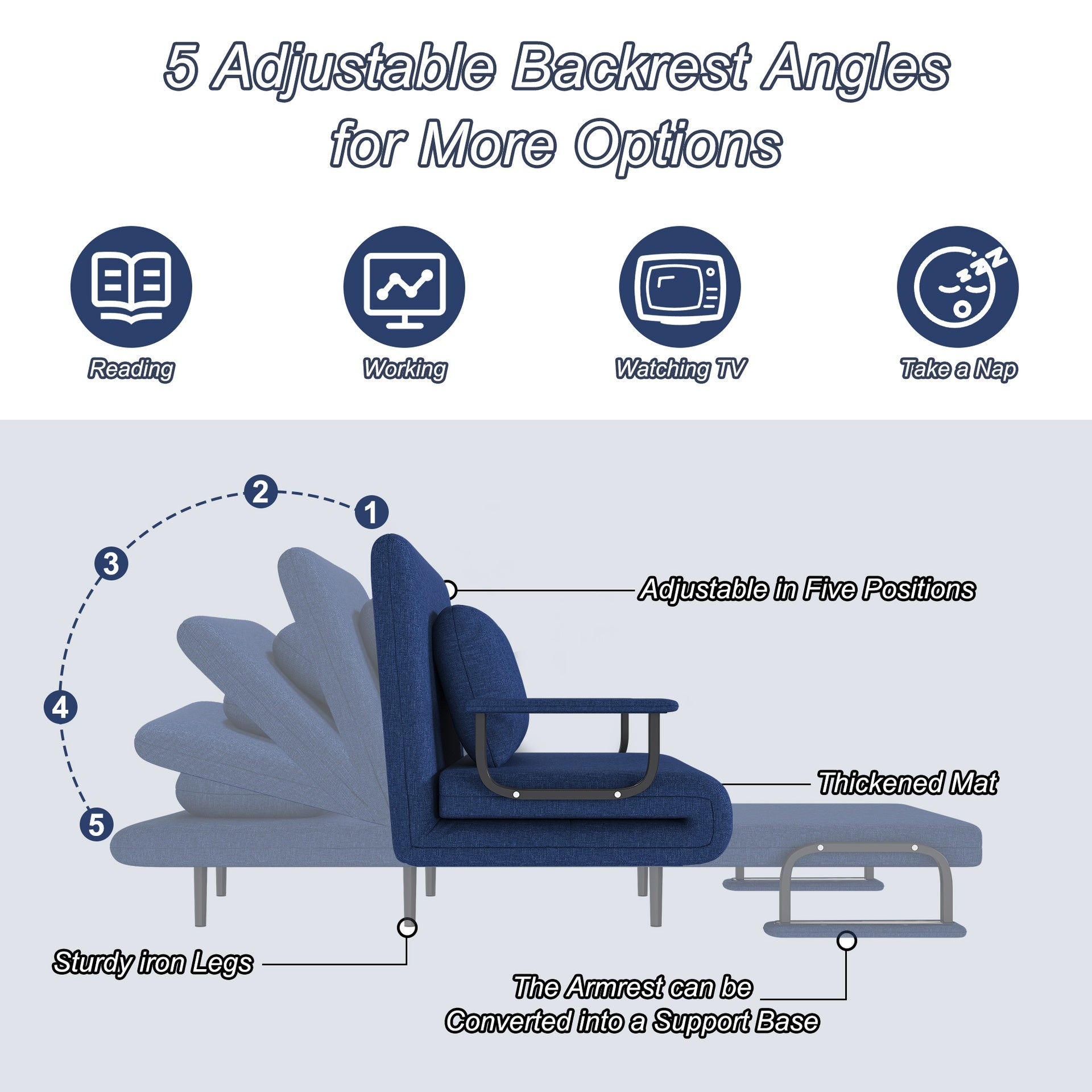 Folding Sofa Bed 3-in-1 Convertible Chair - 5-Position Adjustable Backrest with Pillow, Space-Saving Sleeper for Living Room, Bedroom & Office (Blue)
