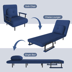 Folding Sofa Bed 3-in-1 Convertible Chair - 5-Position Adjustable Backrest with Pillow, Space-Saving Sleeper for Living Room, Bedroom & Office (Blue)