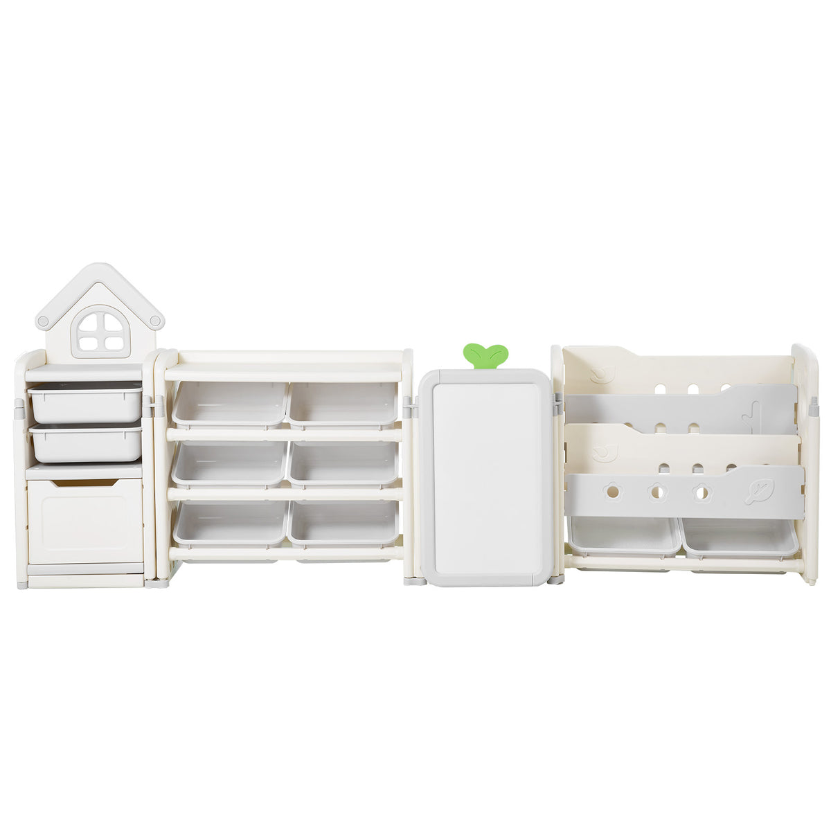 Kids Toy Storage with Bookshelf, 4-Tier Large Toy Storage Organizer with 10 Plastic Movable Bins, Kids Cubby Cabinet with Bookshelf and Drawing Board for Study Room, Playroom, Classroom, Nursery
