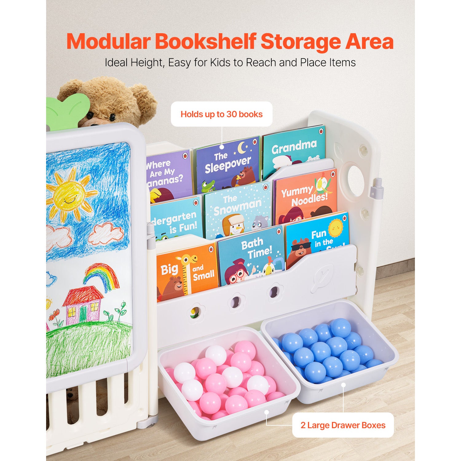 Kids Toy Storage with Bookshelf, 4-Tier Large Toy Storage Organizer with 10 Plastic Movable Bins, Kids Cubby Cabinet with Bookshelf and Drawing Board for Study Room, Playroom, Classroom, Nursery