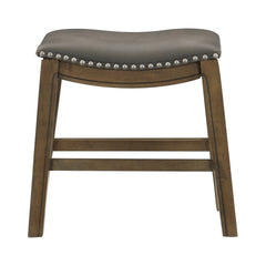 Miel 20 Inch Dining Stool, Gray Faux Leather, Brown Solid Wood, Nailheads