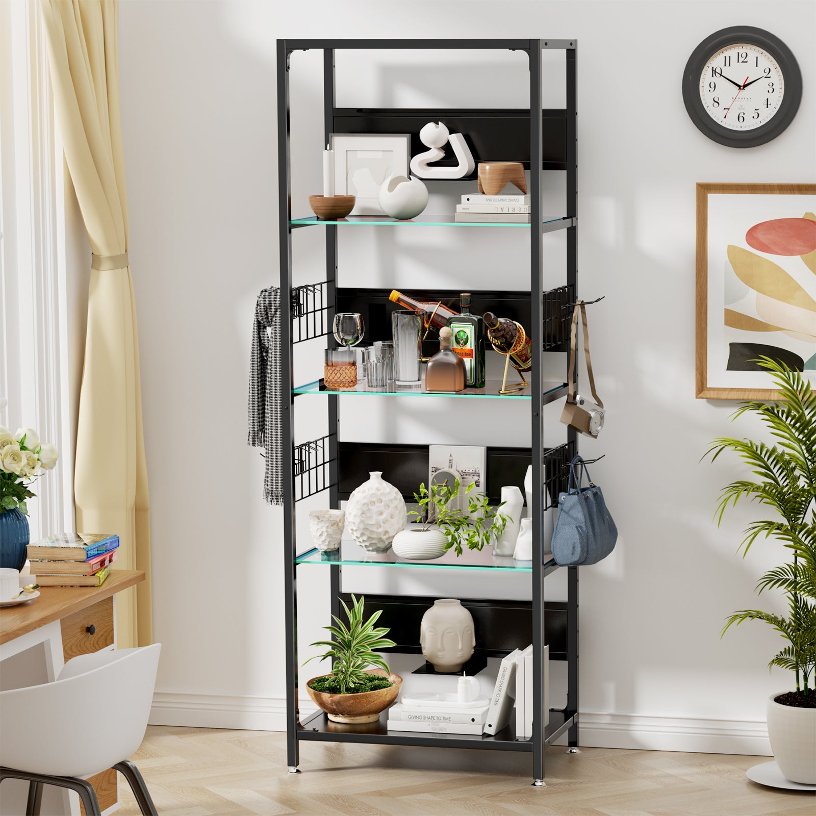 4-Tier Glass Display Shelf with RGB Lights, LED Lighted Curio Cabinet with Adjustable Storage Box & Hooks, Metal Frame Standing Shelf for Collectibles, Plants, Books, Living Room, Bedroom, Office