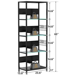 4-Tier Glass Display Shelf with RGB Lights, LED Lighted Curio Cabinet with Adjustable Storage Box & Hooks, Metal Frame Standing Shelf for Collectibles, Plants, Books, Living Room, Bedroom, Office