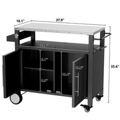 Two Doors Outdoor Grill Cart with Patio Furniture, Outdoor Grill Table with Storage,Rolling Bar Cart Outdoor BBQ Cart with  Hooks and Spice Rack for Grilling Accessories, Black