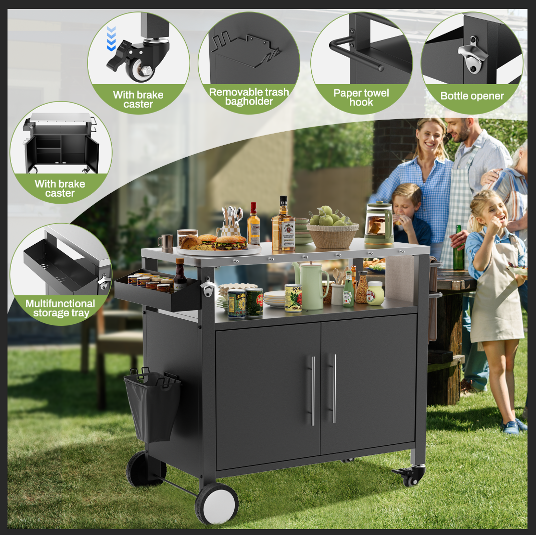 Two Doors Outdoor Grill Cart with Patio Furniture, Outdoor Grill Table with Storage,Rolling Bar Cart Outdoor BBQ Cart with  Hooks and Spice Rack for Grilling Accessories, Black