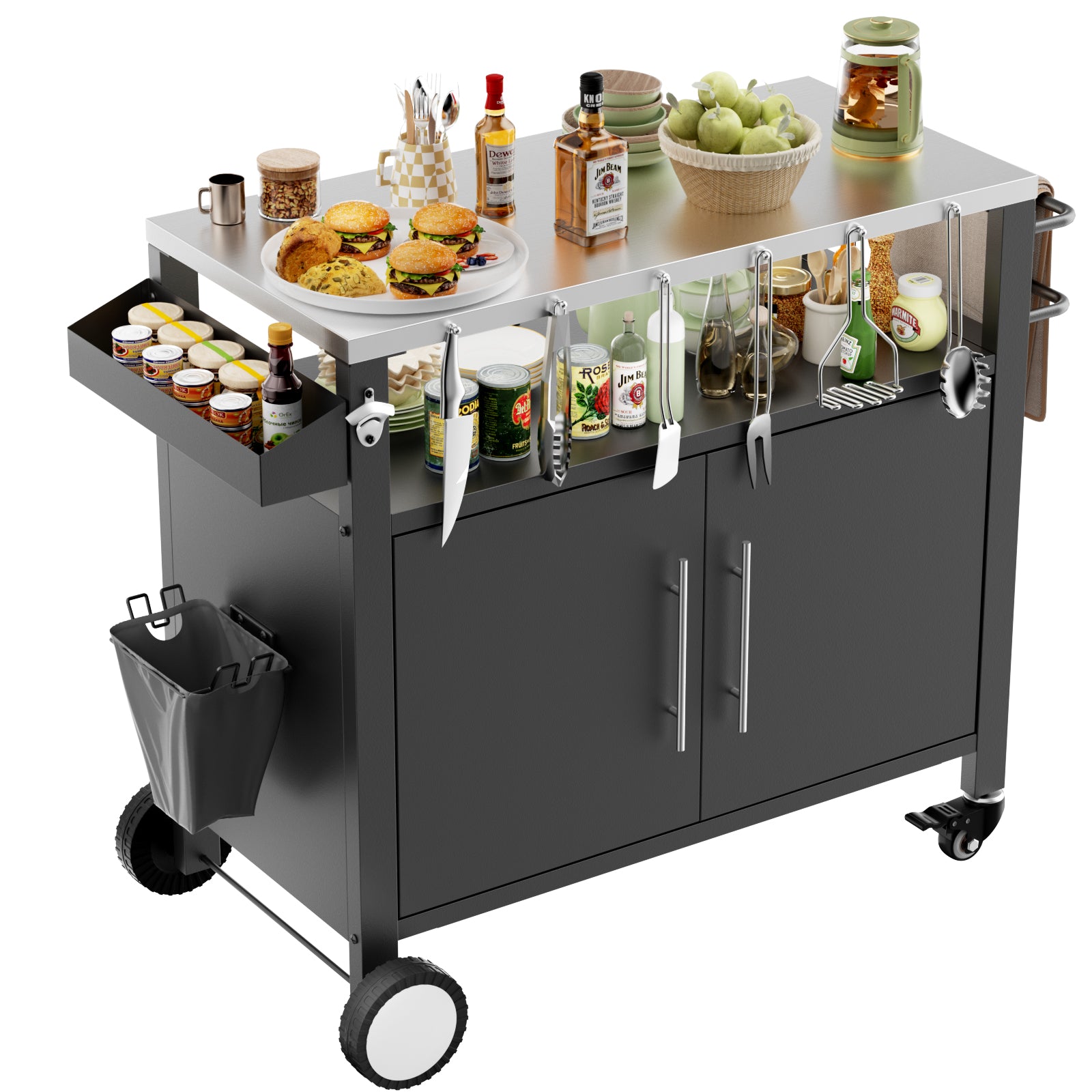 Two Doors Outdoor Grill Cart with Patio Furniture, Outdoor Grill Table with Storage,Rolling Bar Cart Outdoor BBQ Cart with  Hooks and Spice Rack for Grilling Accessories, Black