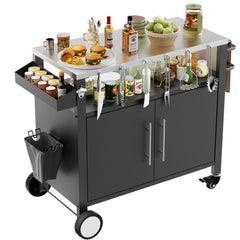 Two Doors Outdoor Grill Cart with Patio Furniture, Outdoor Grill Table with Storage,Rolling Bar Cart Outdoor BBQ Cart with  Hooks and Spice Rack for Grilling Accessories, Black