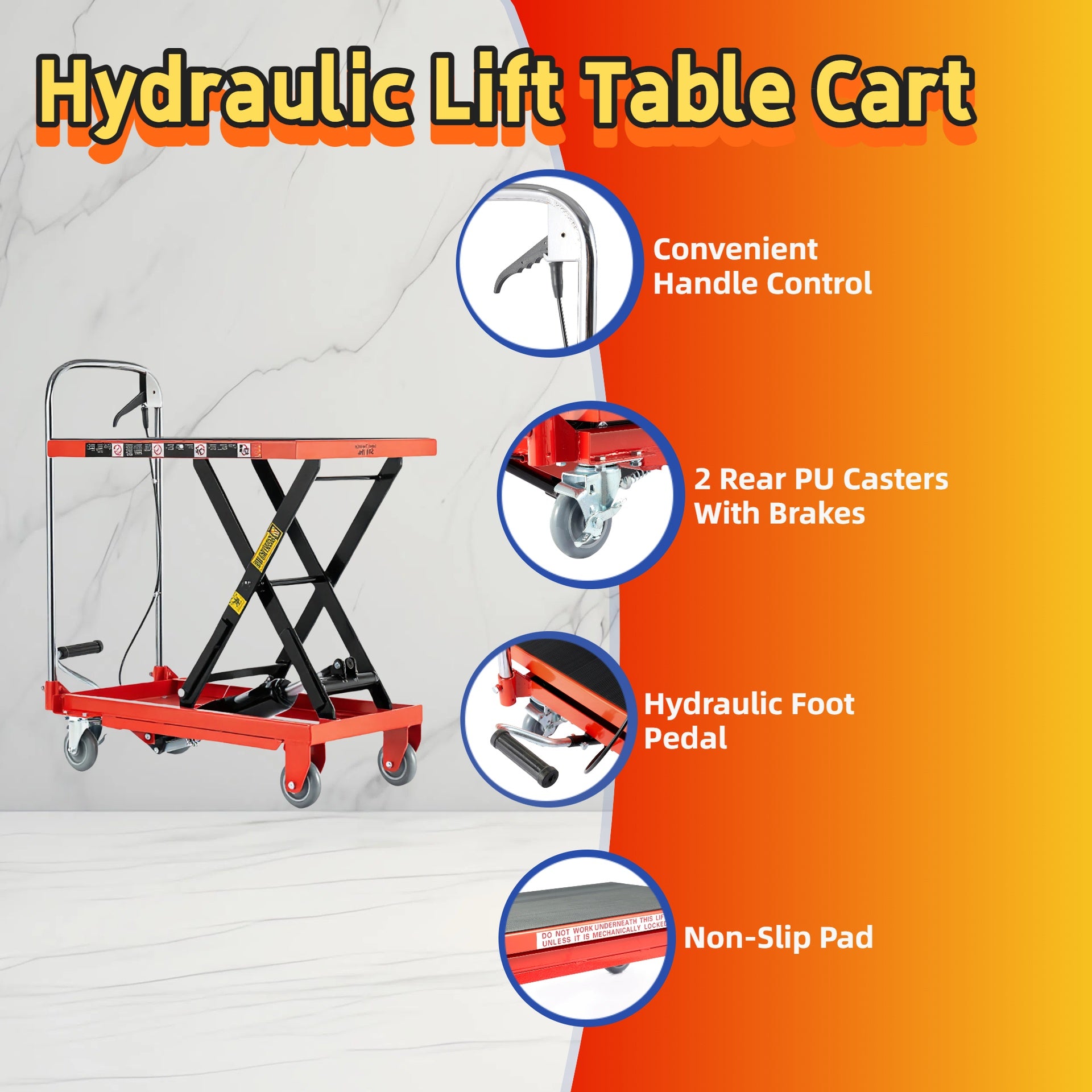 Hydraulic Lift Table Cart,500lbs Load Capacity 28.5Inch Lifting Height, Single Scissor Lift Table with non-slip pads and 4 Wheels, for Material Handling and Transportation, Red