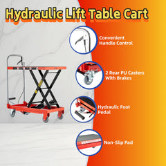 Hydraulic Lift Table Cart,500lbs Load Capacity 28.5Inch Lifting Height, Single Scissor Lift Table with non-slip pads and 4 Wheels, for Material Handling and Transportation, Red
