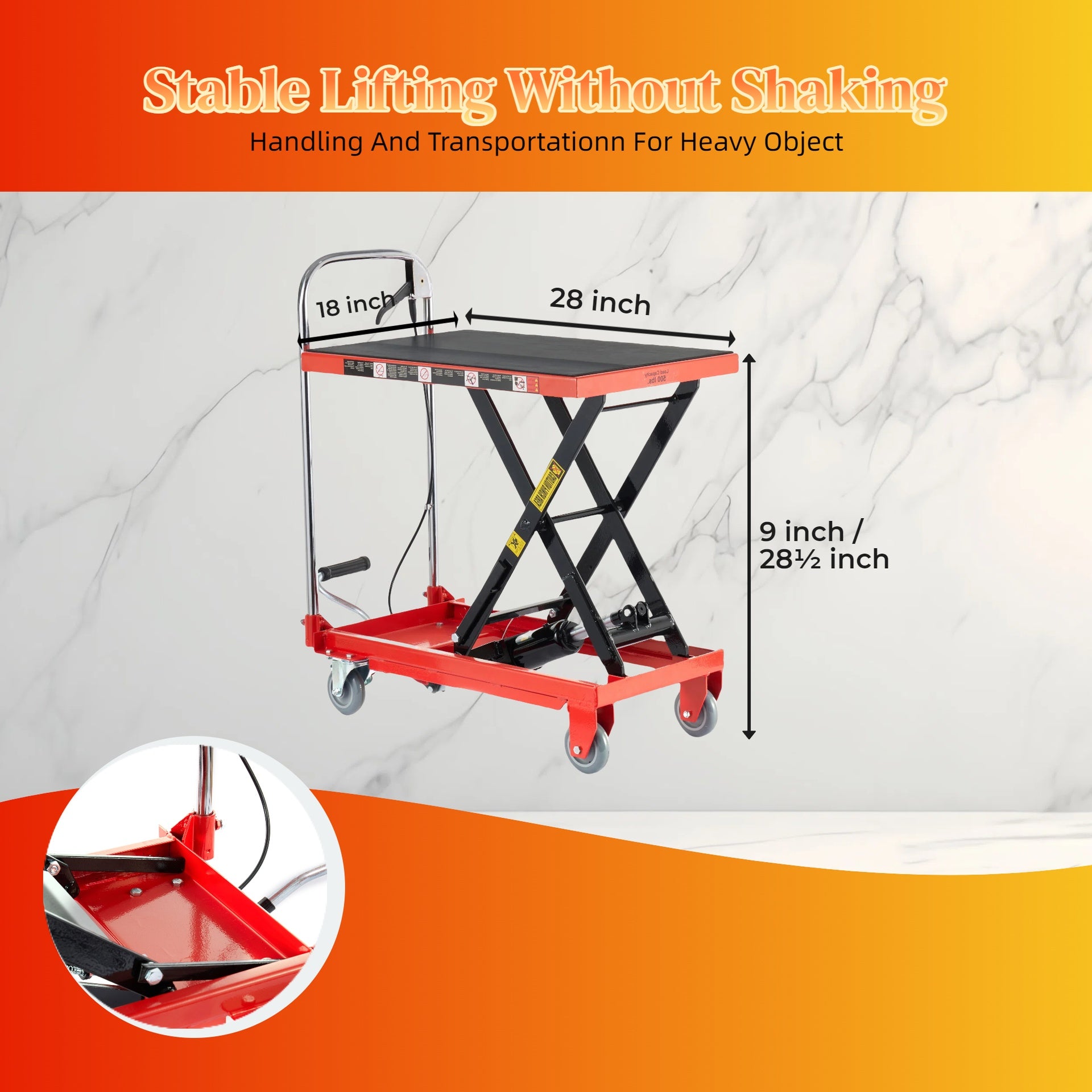 Hydraulic Lift Table Cart,500lbs Load Capacity 28.5Inch Lifting Height, Single Scissor Lift Table with non-slip pads and 4 Wheels, for Material Handling and Transportation, Red