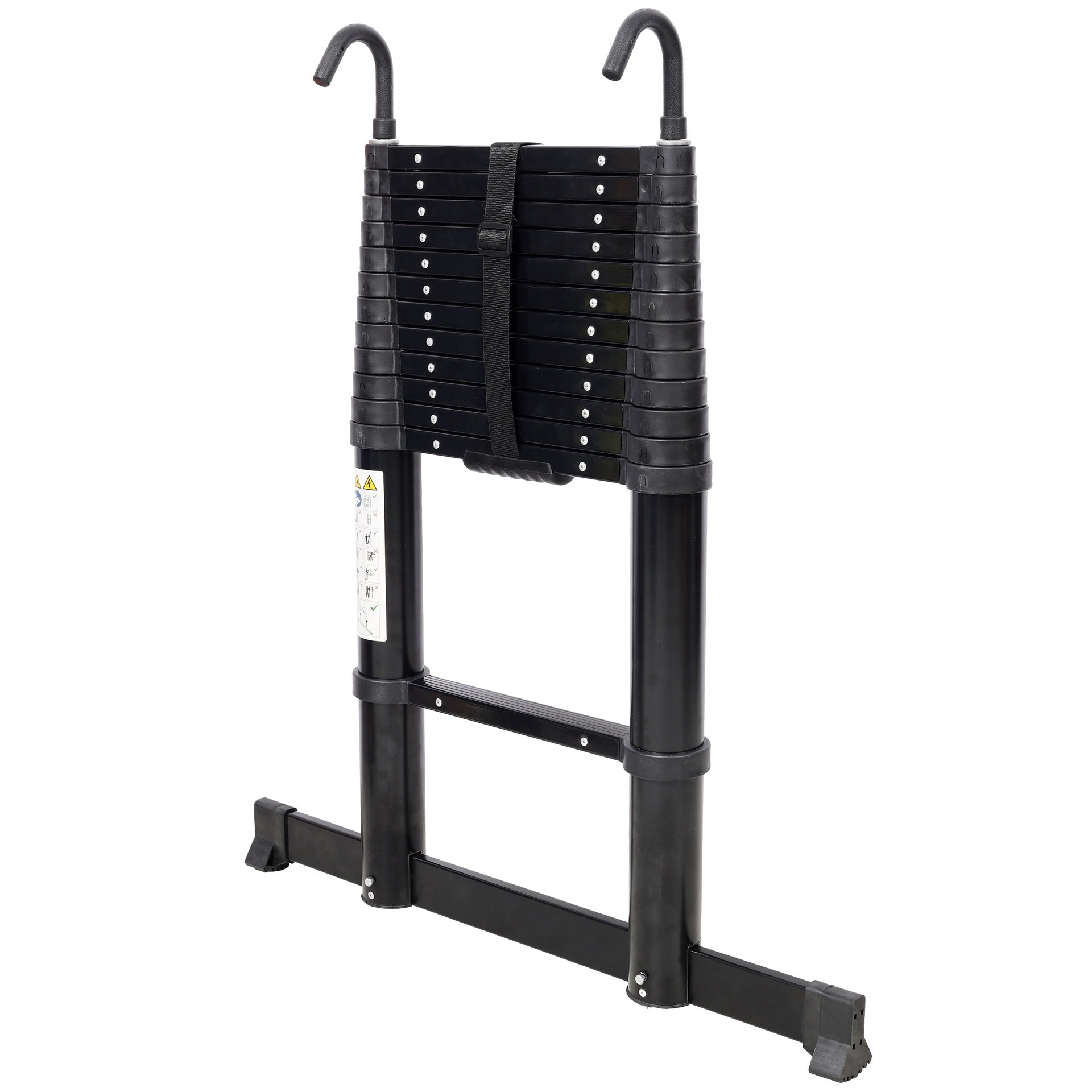 12.5FT Telescopic Ladder Aluminum Ladder with Non-Slip Feet and Stable Hook, Slow Down Safety Function With Stabilizer Portable Extension Ladder for Household and Outdoor Working, 330lb Capacity Black
