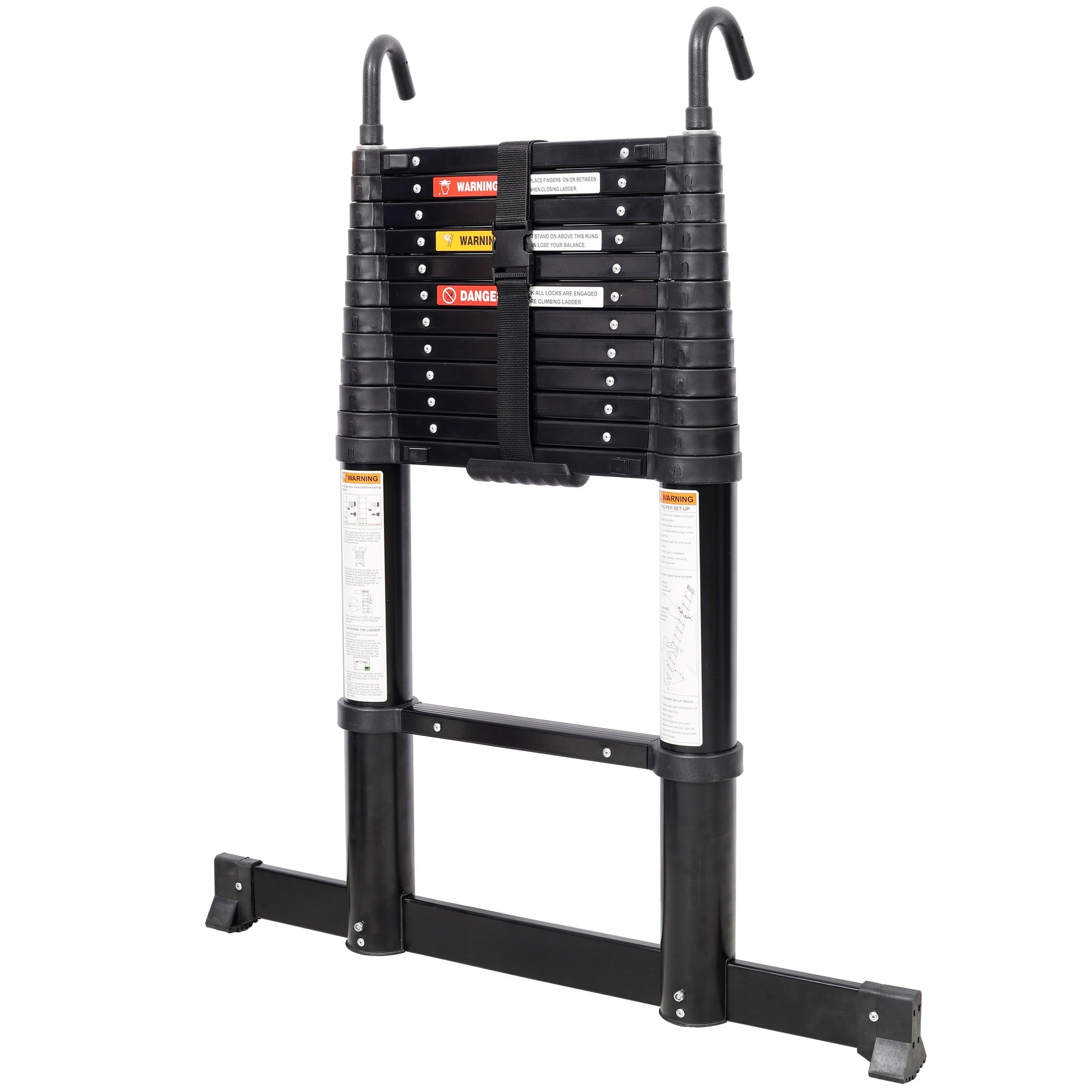 12.5FT Telescopic Ladder Aluminum Ladder with Non-Slip Feet and Stable Hook, Slow Down Safety Function With Stabilizer Portable Extension Ladder for Household and Outdoor Working, 330lb Capacity Black