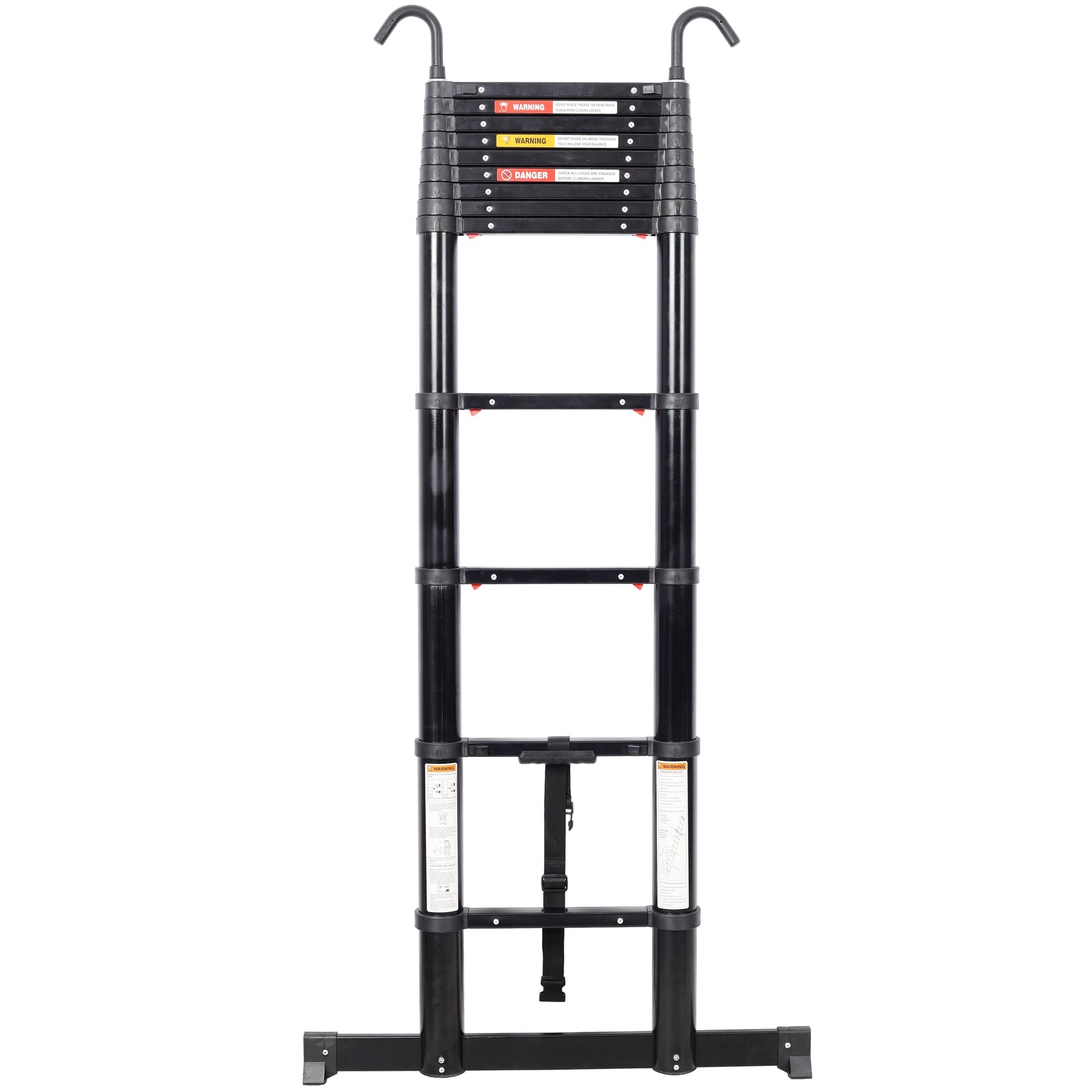 12.5FT Telescopic Ladder Aluminum Ladder with Non-Slip Feet and Stable Hook, Slow Down Safety Function With Stabilizer Portable Extension Ladder for Household and Outdoor Working, 330lb Capacity Black