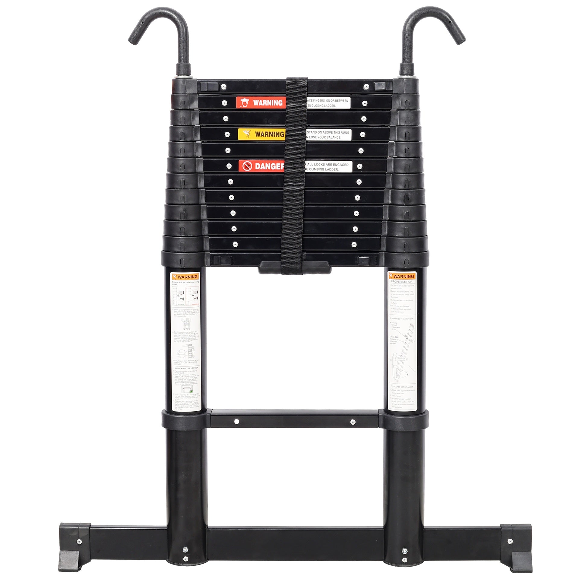 12.5FT Telescopic Ladder Aluminum Ladder with Non-Slip Feet and Stable Hook, Slow Down Safety Function With Stabilizer Portable Extension Ladder for Household and Outdoor Working, 330lb Capacity Black