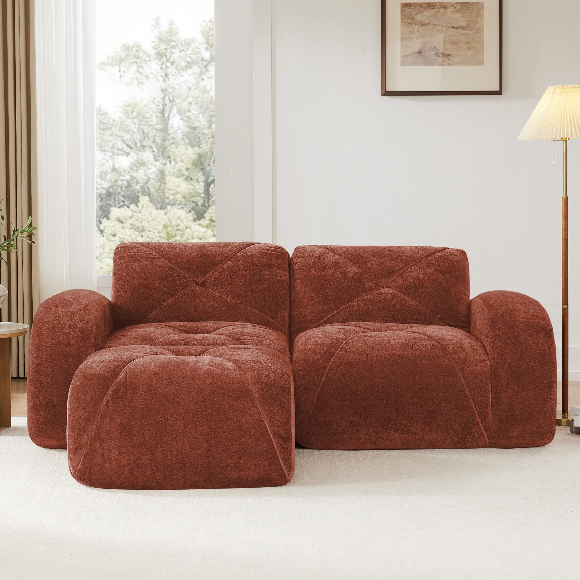 L-shaped Boneless Sofa,Soft Velvet Fabric,Tufted Design,32D High Density Sponge,No Assembly Required,Ergonomic Design,Bottom Anti-Slip Design,Movable Ottoman For Bedrooms,Red Brown
