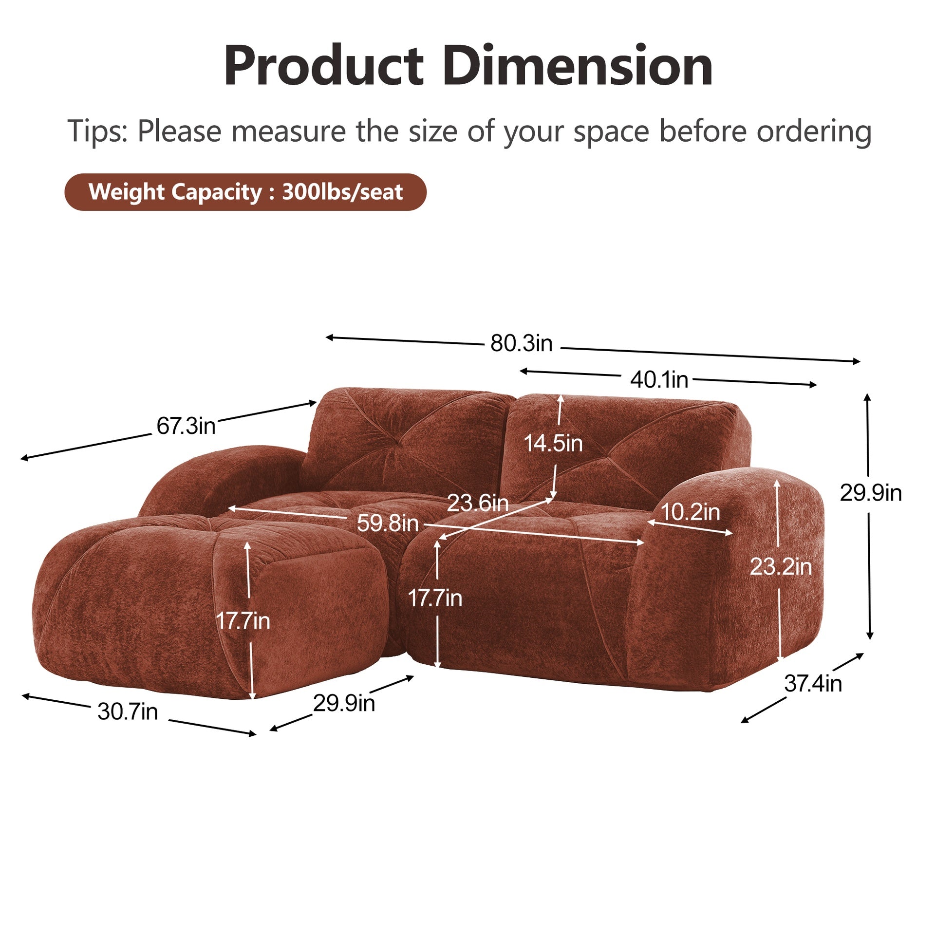 L-shaped Boneless Sofa,Soft Velvet Fabric,Tufted Design,32D High Density Sponge,No Assembly Required,Ergonomic Design,Bottom Anti-Slip Design,Movable Ottoman For Bedrooms,Red Brown