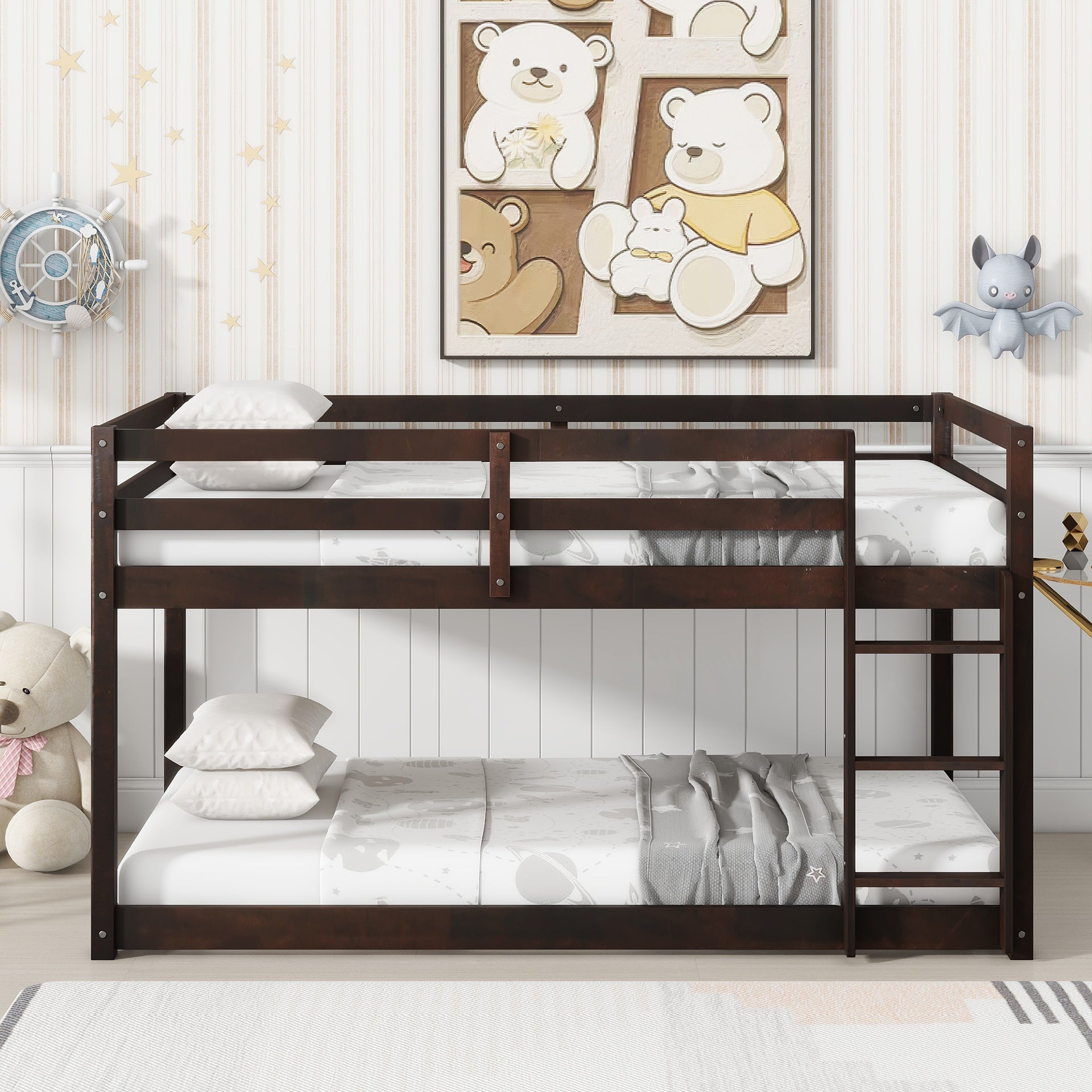 Solid Wooden, Solid Rubber Wooden Twin over Twin Floor Bunk Bed with Ladder, with Bed Platform of Strengthened Slats  , Espresso