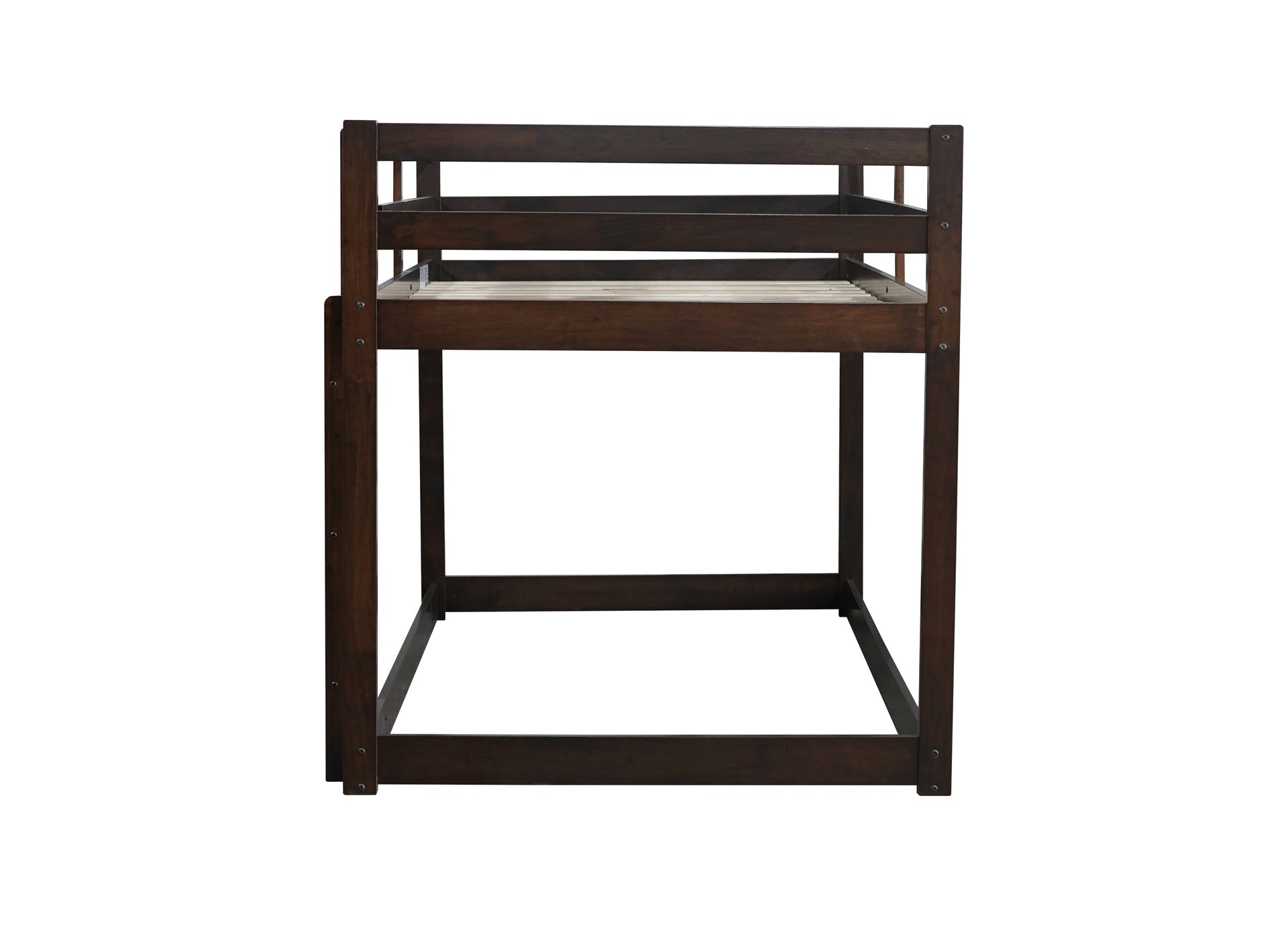 Solid Wooden, Solid Rubber Wooden Twin over Twin Floor Bunk Bed with Ladder, with Bed Platform of Strengthened Slats  , Espresso