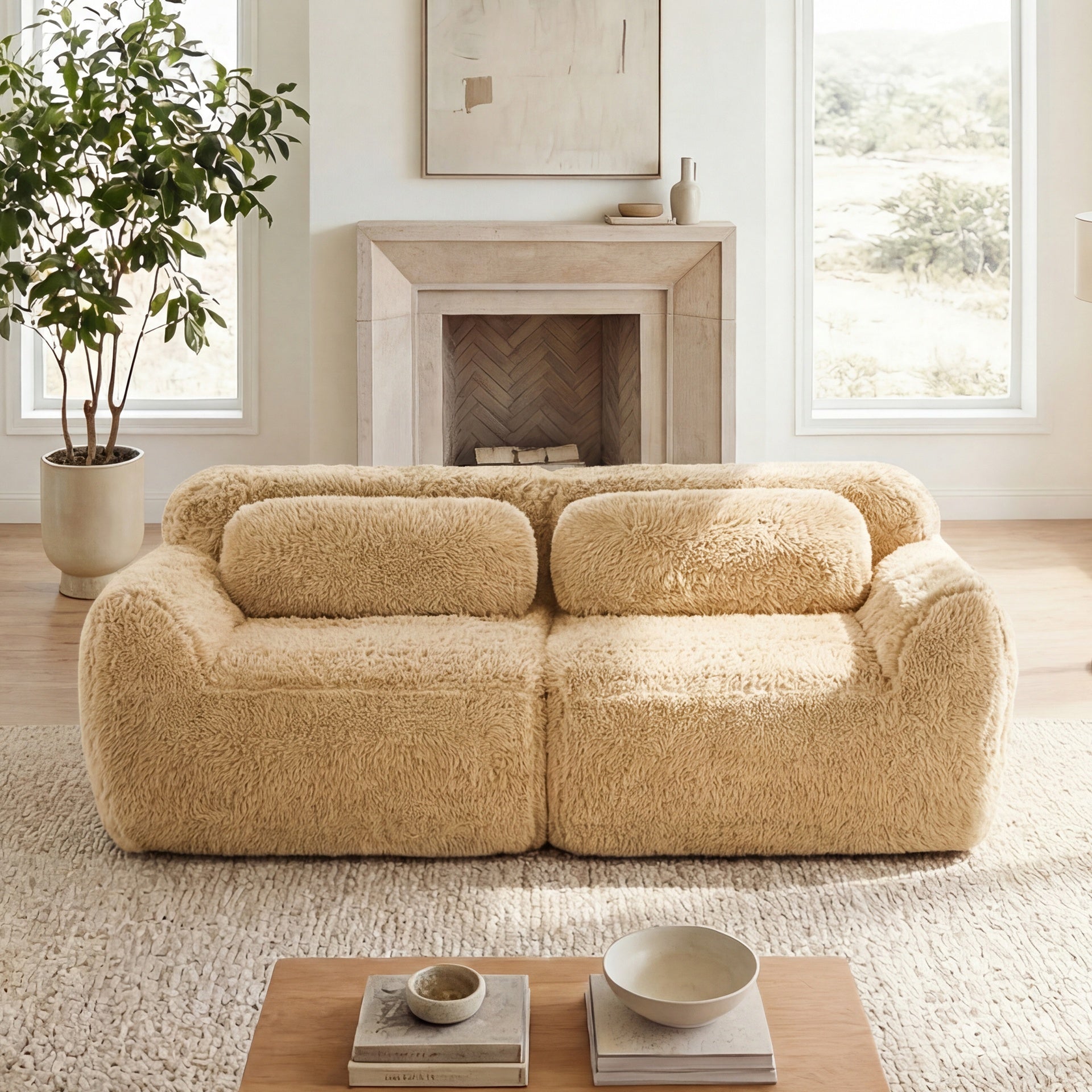 2-seater Modular Sectional Sofa Couches,Soft Fluffy Plush Fabric Bottom Anti-Slip Design,32D High Density Sponge,No Assembly Required Ergonomic Design,With Throw Pillows  For Study,Light Khaki