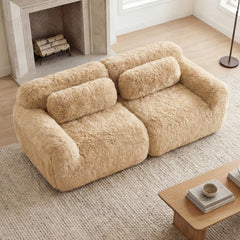 2-seater Modular Sectional Sofa Couches,Soft Fluffy Plush Fabric Bottom Anti-Slip Design,32D High Density Sponge,No Assembly Required Ergonomic Design,With Throw Pillows  For Study,Light Khaki