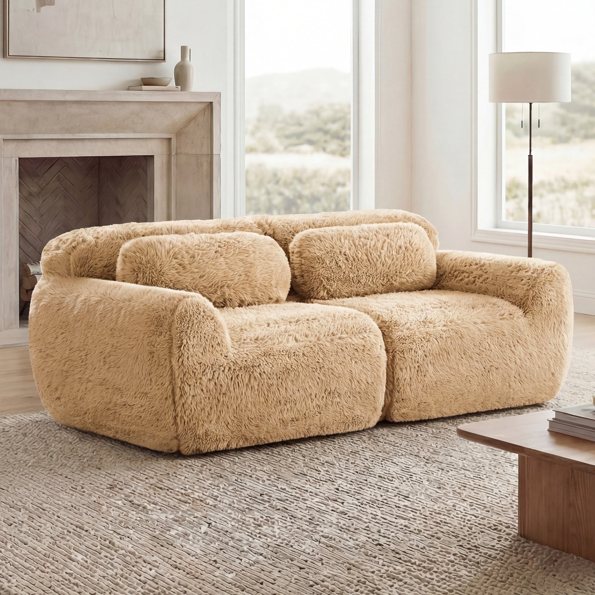 2-seater Modular Sectional Sofa Couches,Soft Fluffy Plush Fabric Bottom Anti-Slip Design,32D High Density Sponge,No Assembly Required Ergonomic Design,With Throw Pillows  For Study,Light Khaki