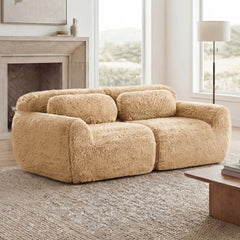 2-seater Modular Sectional Sofa Couches,Soft Fluffy Plush Fabric Bottom Anti-Slip Design,32D High Density Sponge,No Assembly Required Ergonomic Design,With Throw Pillows  For Study,Light Khaki