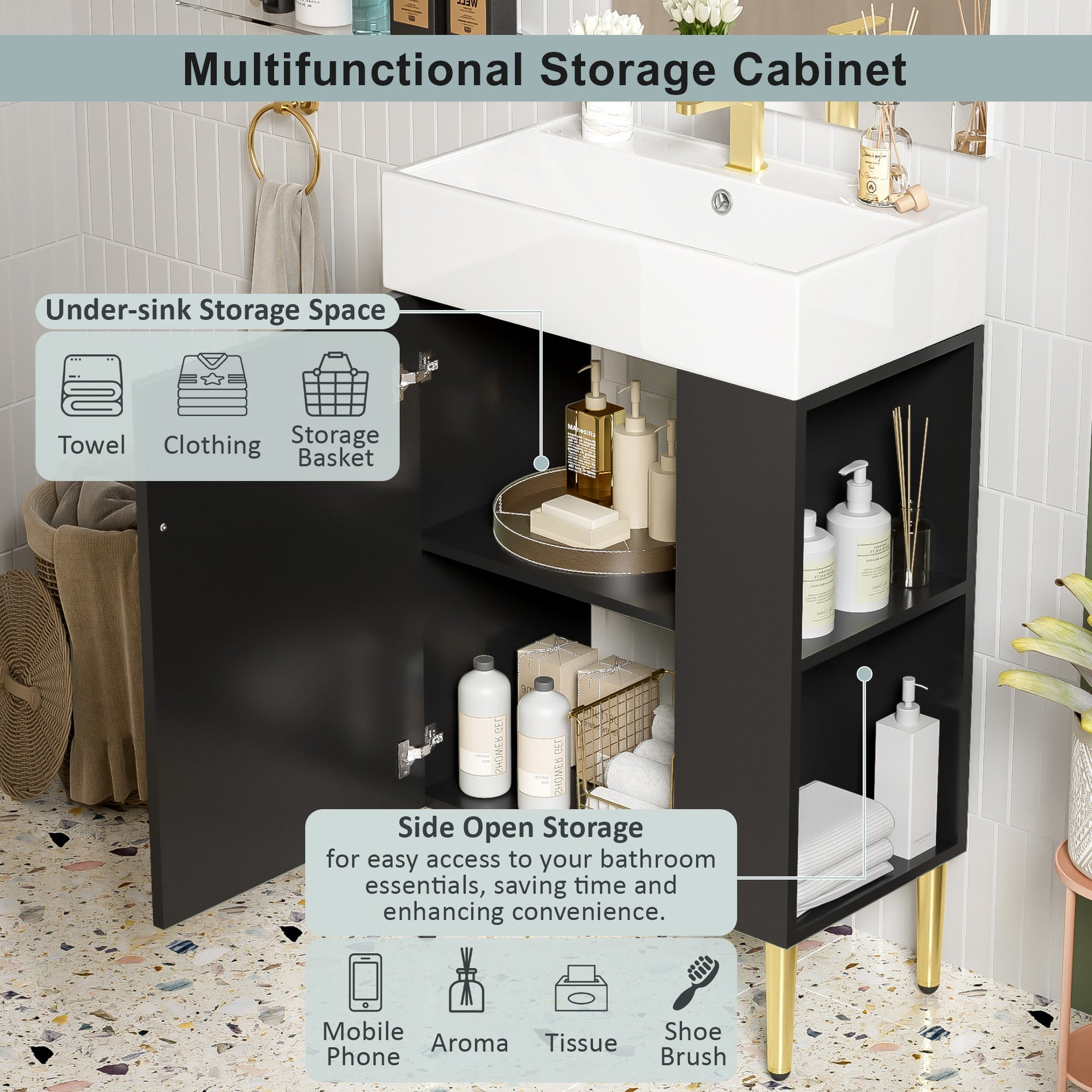 21.6" Black Bathroom vanity, Combo Cabinet, Bathroom Storage Cabinet, Single Ceramic Sink, Right side storage
