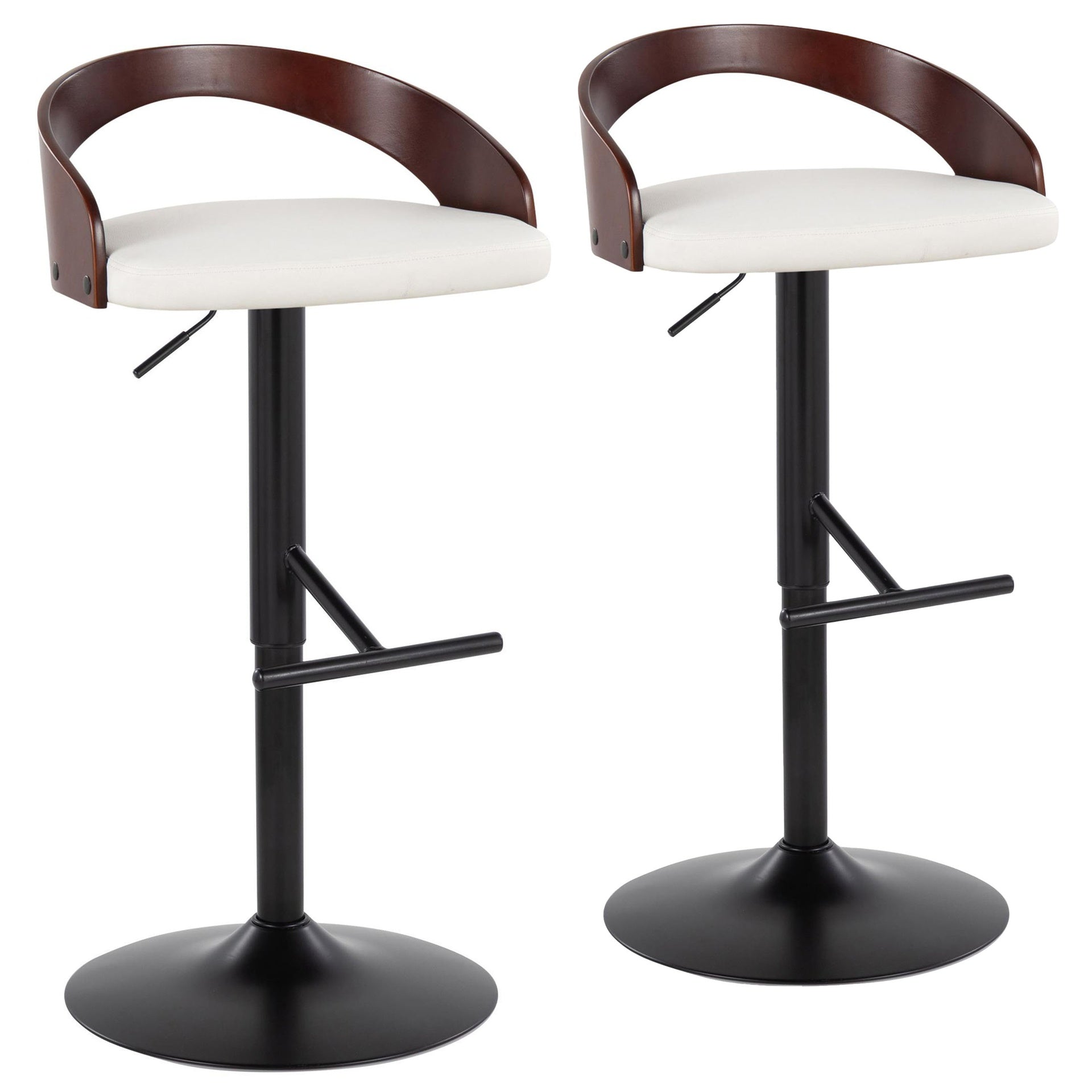Grotto Contemporary Adjustable Barstool with Swivel in Black Metal, Cherry Wood and White Faux Leather with Straight T Footrest by LumiSource - Set of 2