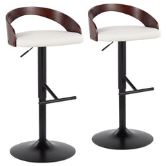 Grotto Contemporary Adjustable Barstool with Swivel in Black Metal, Cherry Wood and White Faux Leather with Straight T Footrest by LumiSource - Set of 2