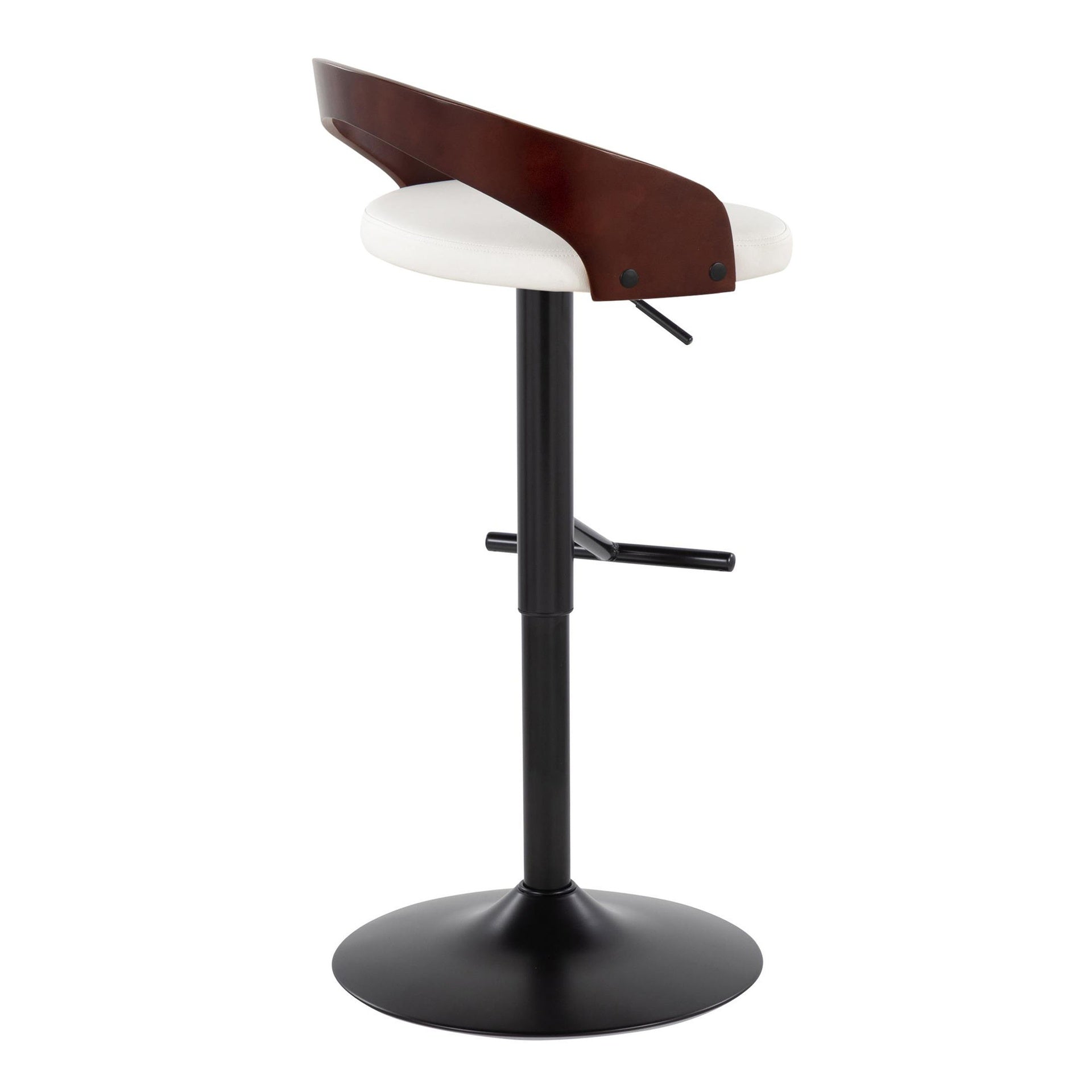 Grotto Contemporary Adjustable Barstool with Swivel in Black Metal, Cherry Wood and White Faux Leather with Straight T Footrest by LumiSource - Set of 2