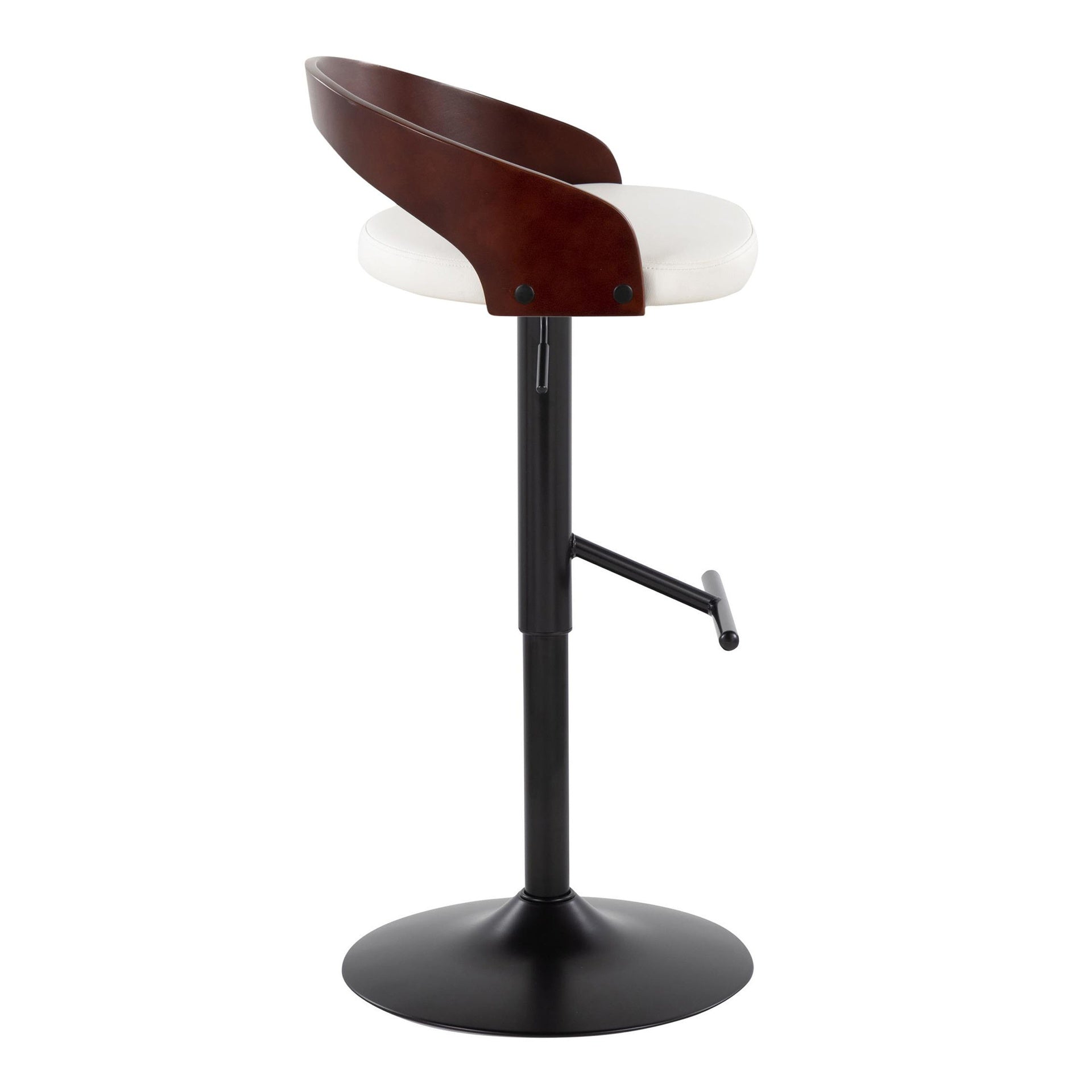 Grotto Contemporary Adjustable Barstool with Swivel in Black Metal, Cherry Wood and White Faux Leather with Straight T Footrest by LumiSource - Set of 2