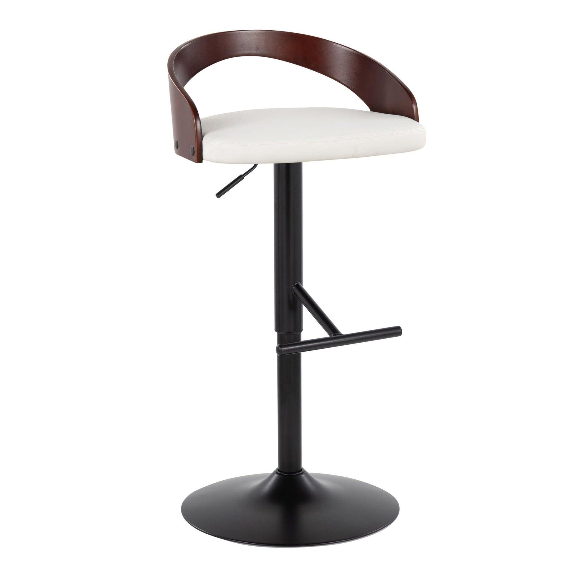 Grotto Contemporary Adjustable Barstool with Swivel in Black Metal, Cherry Wood and White Faux Leather with Straight T Footrest by LumiSource - Set of 2