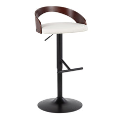 Grotto Contemporary Adjustable Barstool with Swivel in Black Metal, Cherry Wood and White Faux Leather with Straight T Footrest by LumiSource - Set of 2
