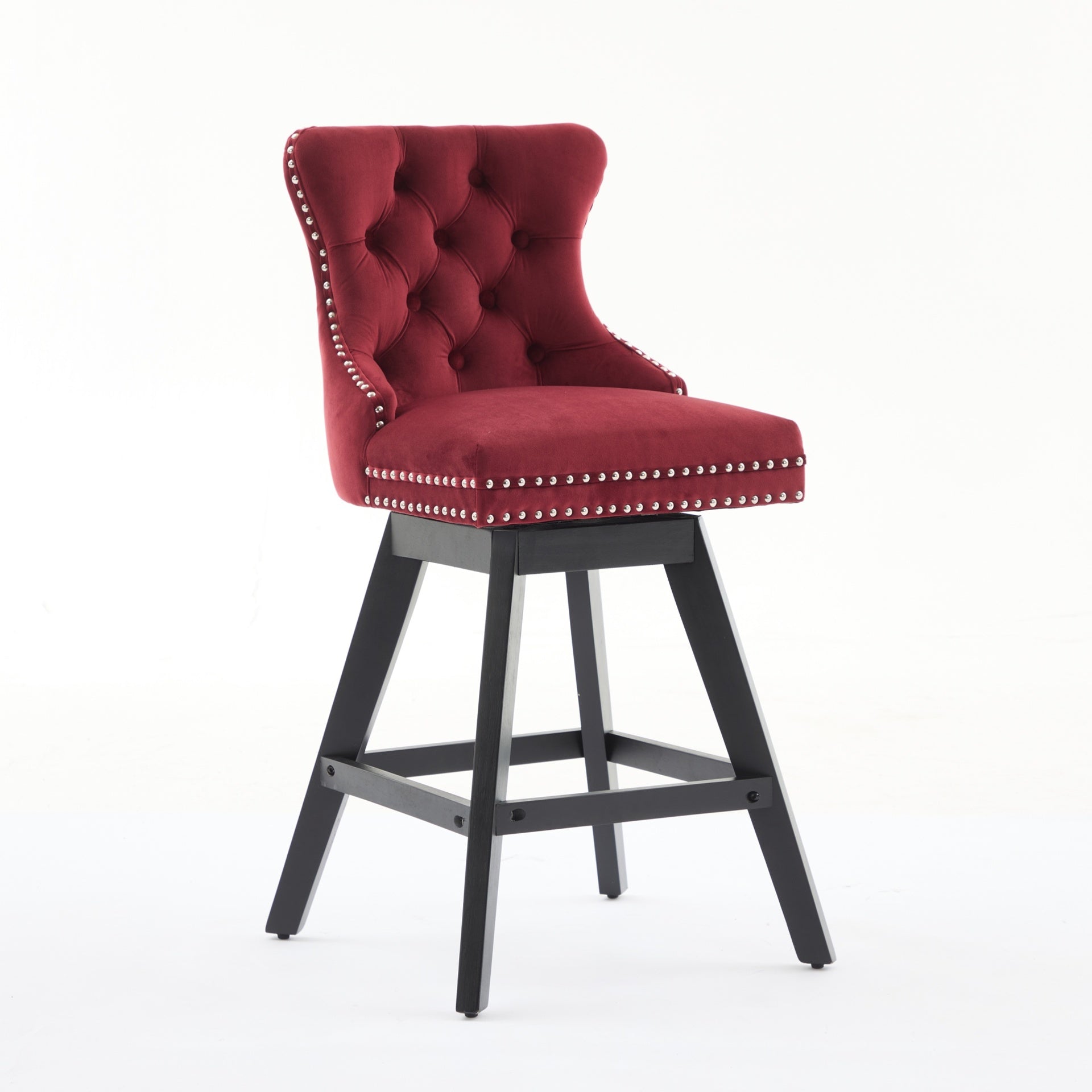 Swivel Velvet Barstools with Button Tufted Decoration and Wooden Legs, and Chrome Nailhead Trim, Leisure Style Bar Chairs,Bar stools, Set of 2 (Wine Red),SW1860WR
