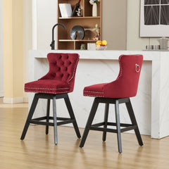 Swivel Velvet Barstools with Button Tufted Decoration and Wooden Legs, and Chrome Nailhead Trim, Leisure Style Bar Chairs,Bar stools, Set of 2 (Wine Red),SW1860WR
