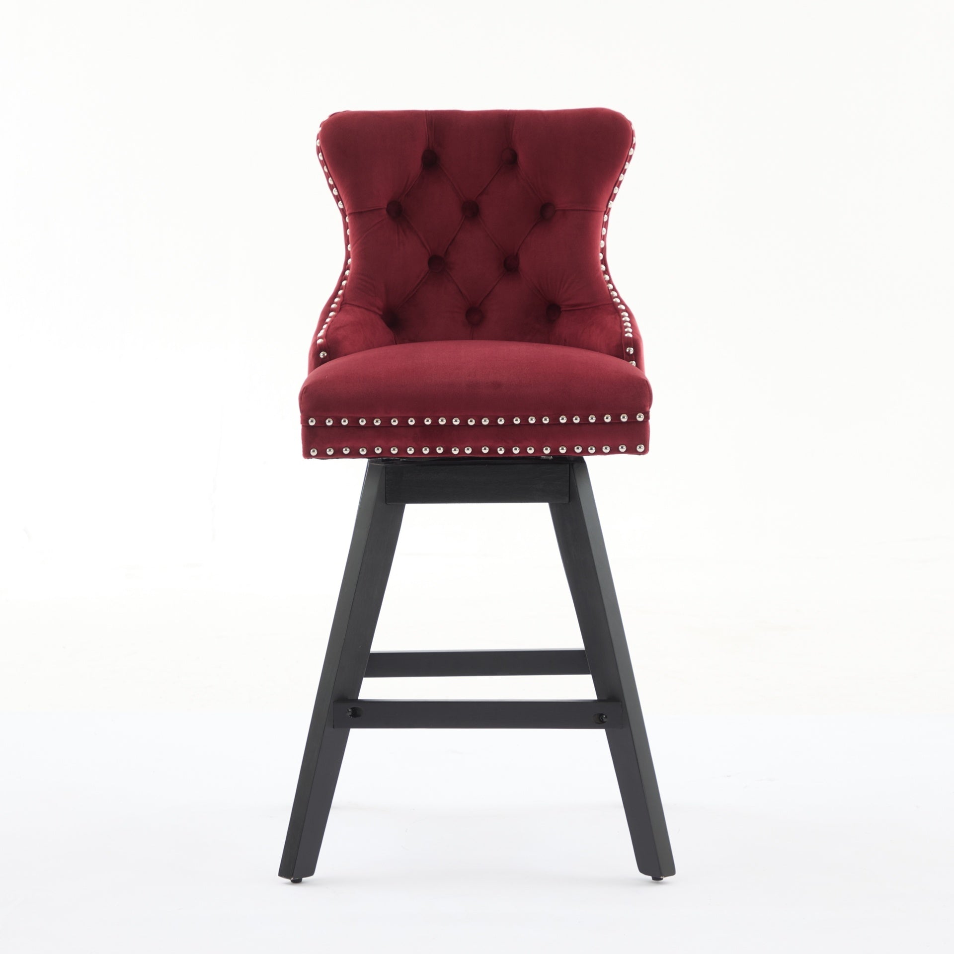 Swivel Velvet Barstools with Button Tufted Decoration and Wooden Legs, and Chrome Nailhead Trim, Leisure Style Bar Chairs,Bar stools, Set of 2 (Wine Red),SW1860WR