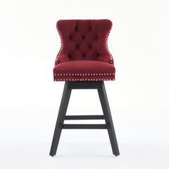 Swivel Velvet Barstools with Button Tufted Decoration and Wooden Legs, and Chrome Nailhead Trim, Leisure Style Bar Chairs,Bar stools, Set of 2 (Wine Red),SW1860WR