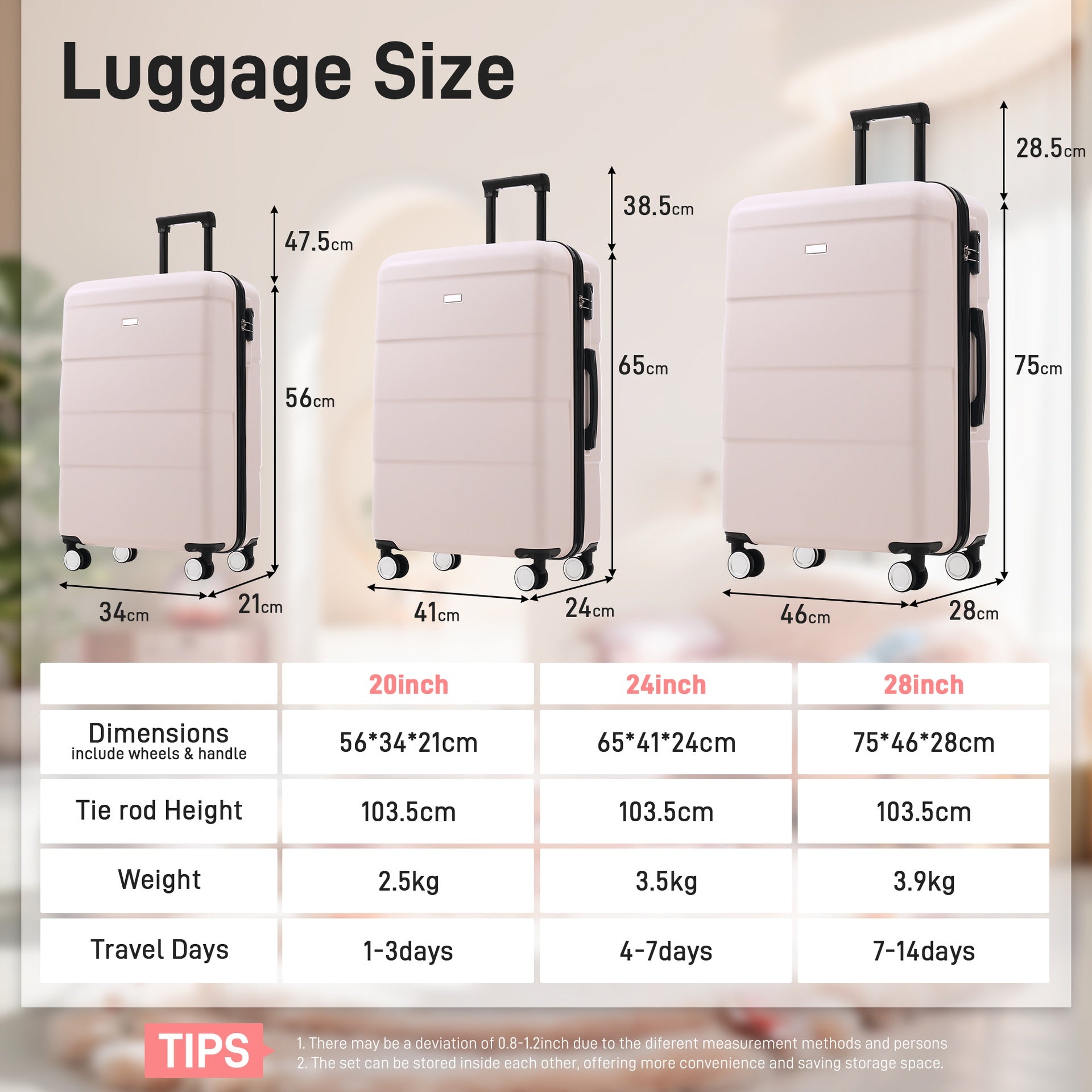 Hardshell Luggage Sets 3 Piece Double Spinner Wheels Suitcase with Handle Password Lock, Lightweight 20"+24"+28" Luggages