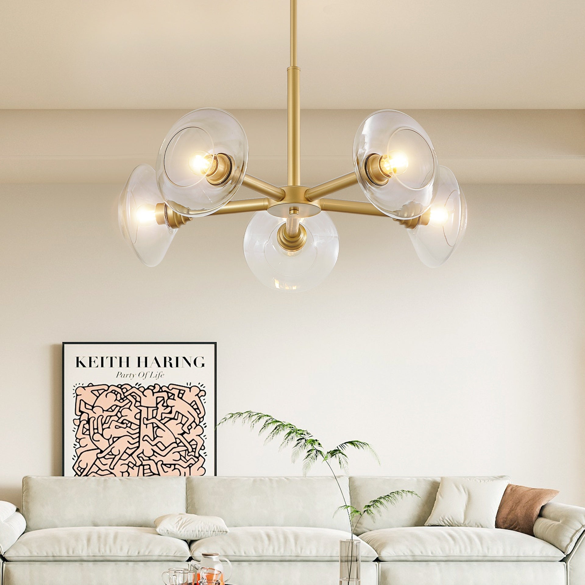 26" Modern Gold 5-Light Sputnik Chandelier with Clear Glass Shades, Mid-Century Hanging Pendant Light Fixture for Dining Room, Living Room, or Kitchen (Bulb Not Included)