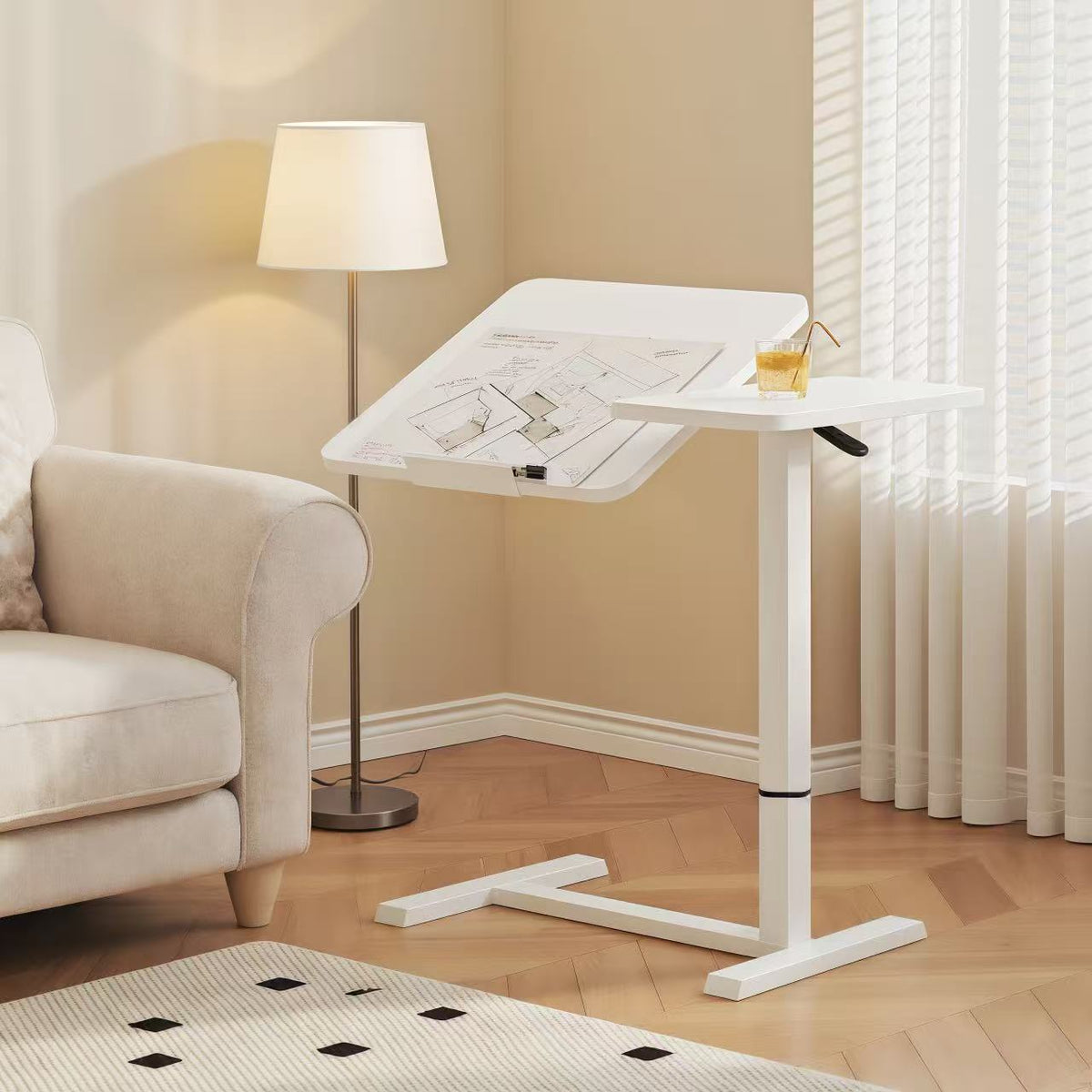 Overbed Bedside Desk, Mobile Rolling Laptop Stand Tilting Overbed Table with Wheels, Height Adjustable Tray Bedside Table for Laptop Bed Sofa, WHITE