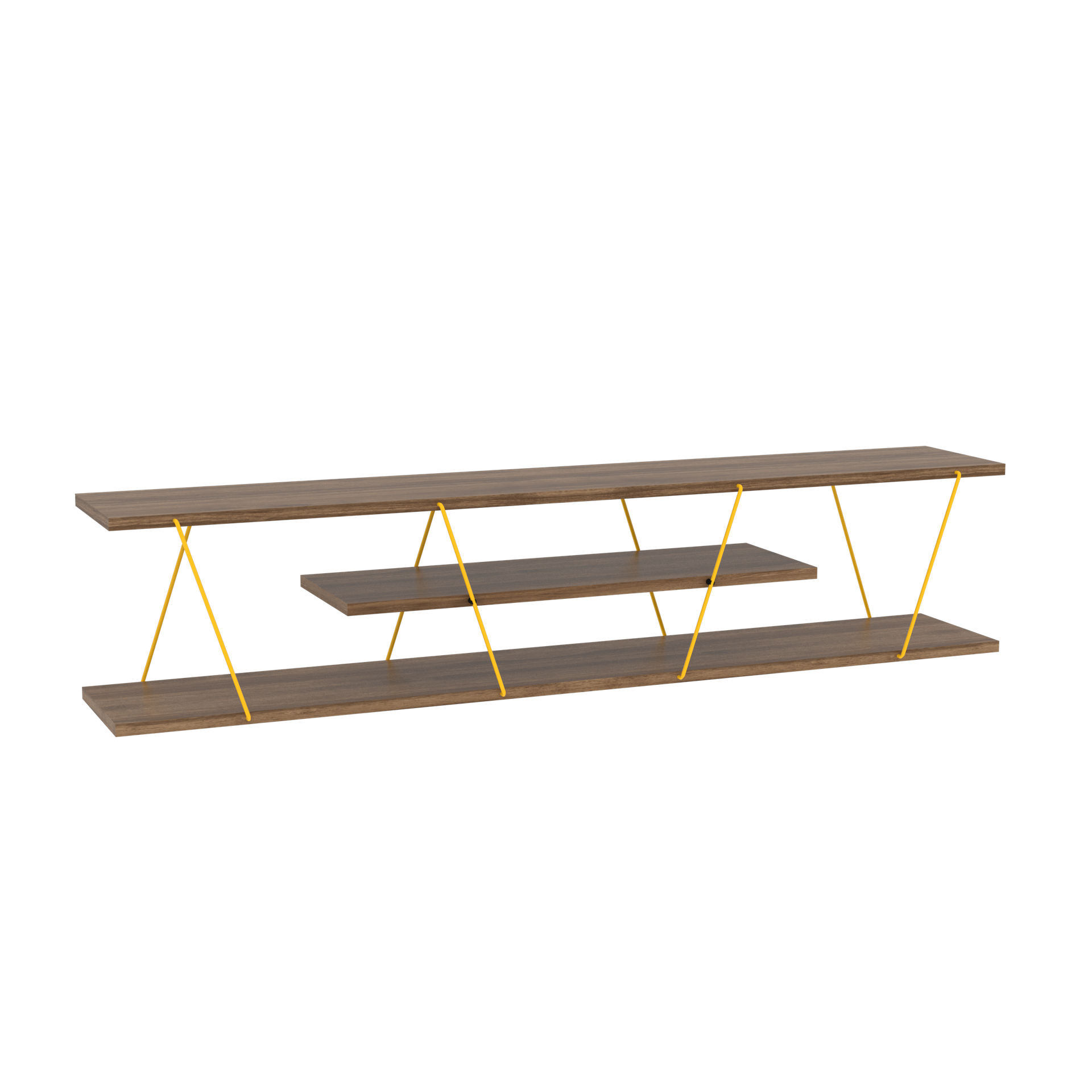 FurnisHome Store Tars Mid Century Modern Tv Stand 4 Shelves Open Storage Metal Cords Entertainment Centre 56 inch Low Tv Unit, Walnut/Yellow