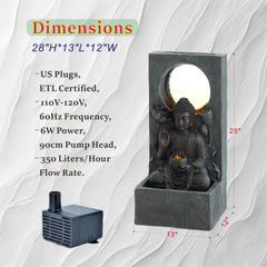 28" H Outdoor Buddha Waterfall Fountain, Freestanding Relaxing Water Feature, Asian Zen Fengshui Decor for Patio, Garden, Backyard, Deck & Home, Ideal Gift Led Fountain