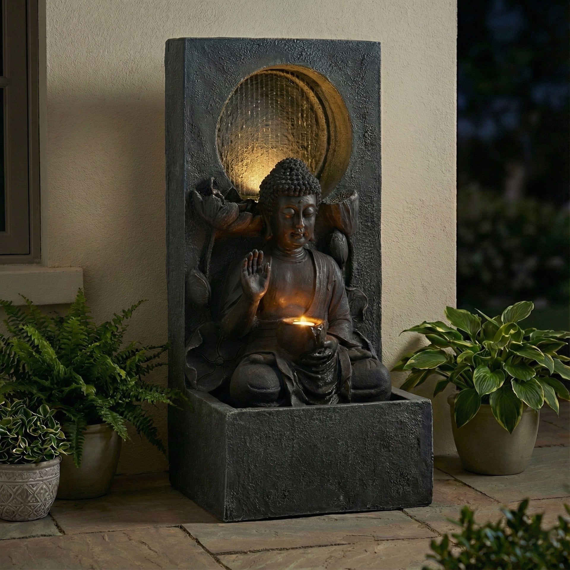 28" H Outdoor Buddha Waterfall Fountain, Freestanding Relaxing Water Feature, Asian Zen Fengshui Decor for Patio, Garden, Backyard, Deck & Home, Ideal Gift Led Fountain