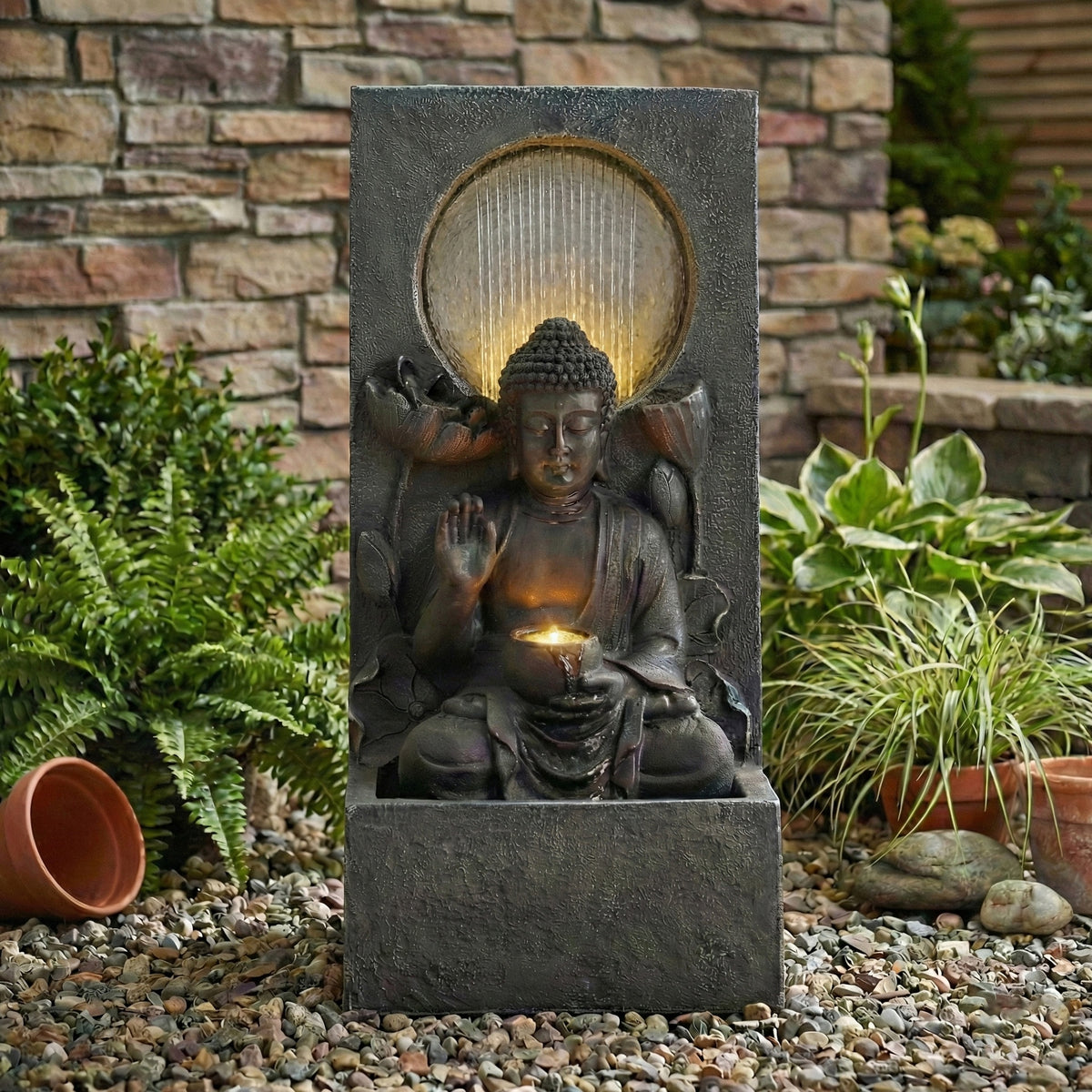 28" H Outdoor Buddha Waterfall Fountain, Freestanding Relaxing Water Feature, Asian Zen Fengshui Decor for Patio, Garden, Backyard, Deck & Home, Ideal Gift Led Fountain